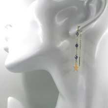 Load image into Gallery viewer, 18k yellow gold 4.5cm 1.77" threader long earrings 3mm tanzanite, 6mm stars