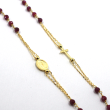 Load image into Gallery viewer, 18k yellow gold Rosary 22" necklace, 3mm faceted red ruby Cross Miraculous medal