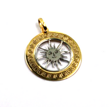 Load image into Gallery viewer, 18k yellow white gold flat 25mm smiling sun round pendant with greek frame