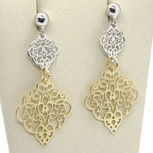 Load image into Gallery viewer, 18K YELLOW WHITE GOLD LONG EARRINGS, DOUBLE WORKED RHOMBUS, MADE IN ITALY