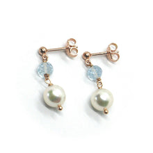 Charger l'image dans la galerie, Boucles d'oreilles longues en or rose 18 carats, perles d'eau salée Akoya 7,5/8 mm et aigue-marine