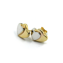 Load image into Gallery viewer, 18k yellow white gold stud 10x13mm double heart, hearts hug earrings