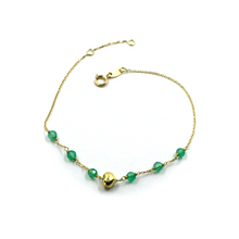 Cargar imagen en el visor de la galería, Pulsera de oro amarillo de 18k de 7,5", pequeña calcedonia verde de 3,5 mm y corazón abullonado de 5 mm