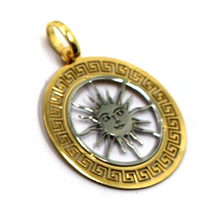Load image into Gallery viewer, 18k yellow white gold flat 25mm smiling sun round pendant with greek frame