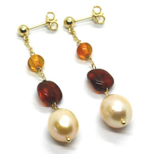 Load image into Gallery viewer, 18K YELLOW GOLD LONG HEART EARRINGS WITH ROSE DROP PEARLS AND AMBER