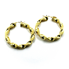 Load image into Gallery viewer, 18k yellow gold hoops braided spiral satin earrings, diameter 45mm, big 6mm tube