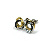 Load image into Gallery viewer, 18k yellow white gold stud 11mm double circle, circles hug earrings