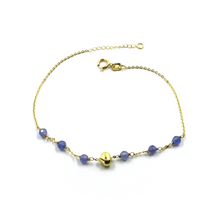 Cargar imagen en el visor de la galería, Pulsera de oro amarillo de 18k de 7,5", pequeña tanzanita azul de 3,5 mm y corazón abullonado de 5 mm