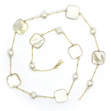 Load image into Gallery viewer, 18K YELLOW GOLD NECKLACE, WITH ALTERNATE FW PEARLS AND SQUARE MOTHER OF PEARL