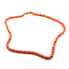 Load image into Gallery viewer, 18k yellow gold necklace 16" with 5mm rose pink bamboo coral round beads spheres