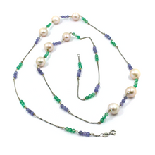 Load image into Gallery viewer, 18k white gold 33" long necklace pink 10mm fw pearls 3.5mm tanzanite chalcedony