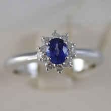 Load image into Gallery viewer, 18K WHITE GOLD FLOWER RING, DIAMOND & OVAL BLUE SAPPHIRE, 0.65