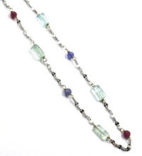 Load image into Gallery viewer, 18k white gold 17" oval necklace with natural tanzanite, rubies and aquamarine