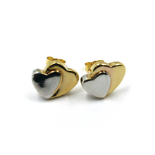 Load image into Gallery viewer, 18k yellow white gold stud 10x13mm double heart, hearts hug earrings