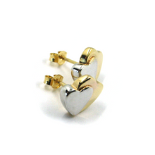 Load image into Gallery viewer, 18k yellow white gold stud 10x13mm double heart, hearts hug earrings