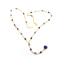 Load image into Gallery viewer, 18k yellow gold oval lariat necklace with 3mm faceted red ruby blue tanzanite
