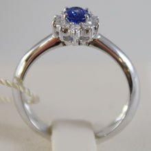 Load image into Gallery viewer, 18K WHITE GOLD FLOWER RING, DIAMOND & OVAL BLUE SAPPHIRE, 0.65