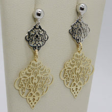Load image into Gallery viewer, 18K YELLOW WHITE GOLD LONG EARRINGS, DOUBLE WORKED RHOMBUS, MADE IN ITALY