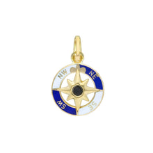 Load image into Gallery viewer, 18k yellow gold, white blue enamel round pendant, diameter 15mm compass medal
