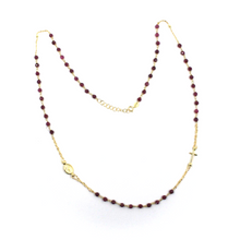 Load image into Gallery viewer, 18k yellow gold Rosary 22" necklace, 3mm faceted red ruby Cross Miraculous medal