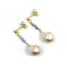 Charger l'image dans la galerie, Boucles d'oreilles en or jaune 18 carats de 3,3 cm de long, améthyste, perles roses en forme de goutte avec zircone