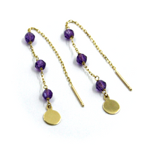 Load image into Gallery viewer, 18k yellow gold 4.5cm 1.77" threader long earrings, 4mm amethyst, 6mm discs
