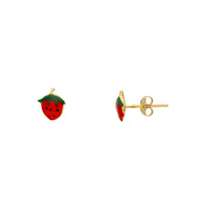 Load image into Gallery viewer, 18k yellow gold stud kids earrings, small enamel 6mm red strawberry