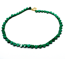Load image into Gallery viewer, 18k yellow gold necklace 16" with 7mm green natural malachite flat hearts