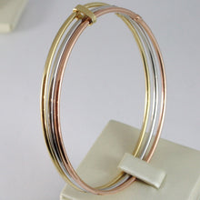Load image into Gallery viewer, TRIPLE 18K ROSE YELLOW WHITE GOLD BANGLE RIGID BRACELET, SMOOTH, MADE IN ITALY