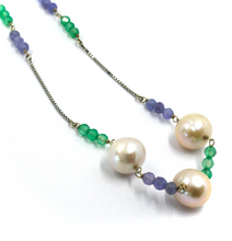 Load image into Gallery viewer, 18k white gold 33" long necklace pink 10mm fw pearls 3.5mm tanzanite chalcedony