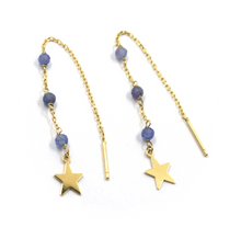 Load image into Gallery viewer, 18k yellow gold 4.5cm 1.77" threader long earrings 3mm tanzanite, 6mm stars