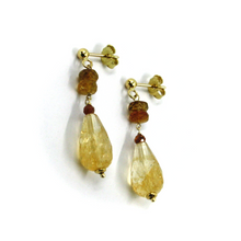 Load image into Gallery viewer, 18k yellow gold 3.5cm long earrings, orange tourmaline and yellow citrine drops