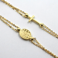 Load image into Gallery viewer, 18k yellow gold Rosary 22" necklace, 3mm faceted red ruby Cross Miraculous medal