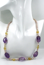 Load image into Gallery viewer, 18k yellow gold 21" necklace purple fw pearls, citrine drops, fluorite nuggets