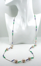 Load image into Gallery viewer, 18k white gold 33" long necklace pink 10mm fw pearls 3.5mm tanzanite chalcedony