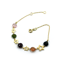 Charger l'image dans la galerie, Bracelet en or jaune 18 carats de 18 cm, tourmalines multicolores facettées de 6 mm et étoiles plates