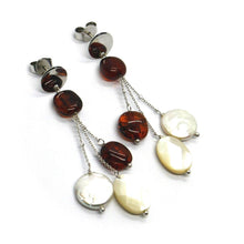 Load image into Gallery viewer, 18K WHITE GOLD LONG EARRINGS, 3 WIRES, PEARL DISC, OVAL MOTHER OF PEARL AMBER