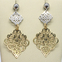 Load image into Gallery viewer, 18K YELLOW WHITE GOLD LONG EARRINGS, DOUBLE WORKED RHOMBUS, MADE IN ITALY