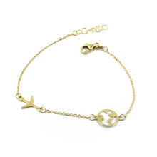 Load image into Gallery viewer, 18k yellow gold traveler rolo bracelet 6.7" with flat plane and world map