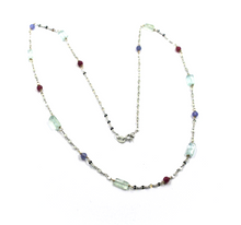 Load image into Gallery viewer, 18k white gold 17" oval necklace with natural tanzanite, rubies and aquamarine