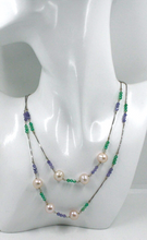 Load image into Gallery viewer, 18k white gold 33" long necklace pink 10mm fw pearls 3.5mm tanzanite chalcedony
