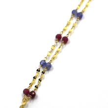 Load image into Gallery viewer, 18k yellow gold oval lariat necklace with 3mm faceted red ruby blue tanzanite