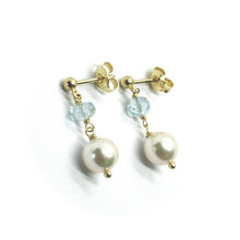 Load image into Gallery viewer, 18K YELLOW GOLD LONG EARRINGS, SALTWATER AKOYA PEARLS 7.5/8 mm & AQUAMARINE