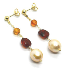 Load image into Gallery viewer, 18K YELLOW GOLD LONG HEART EARRINGS WITH ROSE DROP PEARLS AND AMBER