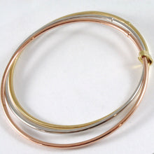 Load image into Gallery viewer, TRIPLE 18K ROSE YELLOW WHITE GOLD BANGLE RIGID BRACELET, SMOOTH, MADE IN ITALY