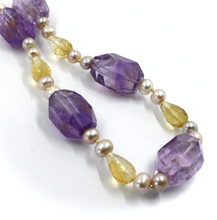 Load image into Gallery viewer, 18k yellow gold 21" necklace purple fw pearls, citrine drops, fluorite nuggets