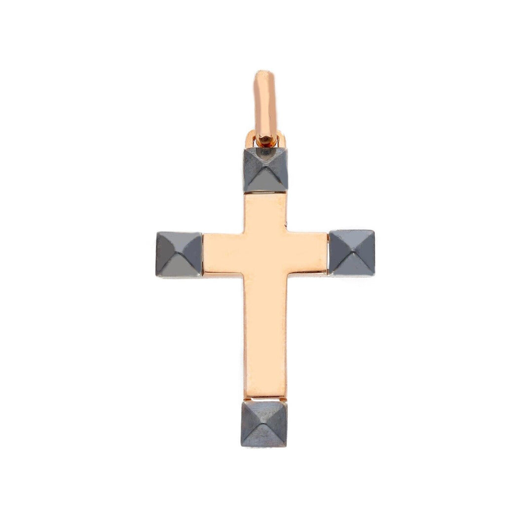 18k pink rose gold cross with squares in burnished gold made in Italy