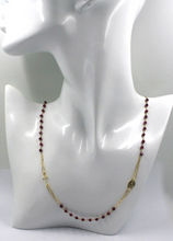 Load image into Gallery viewer, 18k yellow gold Rosary 22" necklace, 3mm faceted red ruby Cross Miraculous medal