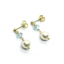 Load image into Gallery viewer, 18K YELLOW GOLD LONG EARRINGS, SALTWATER AKOYA PEARLS 7.5/8 mm & AQUAMARINE
