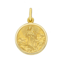 Cargar imagen en el visor de la galería, Colgante de medalla maciza redonda de 17 mm de la Santísima Virgen María Inmaculada en oro amarillo de 18 quilates